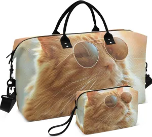 Cute Ginger Cat Duffle Bag for Travel Make up Bags Set of 2, Fun Luggage Set Carry on Duffel Bag