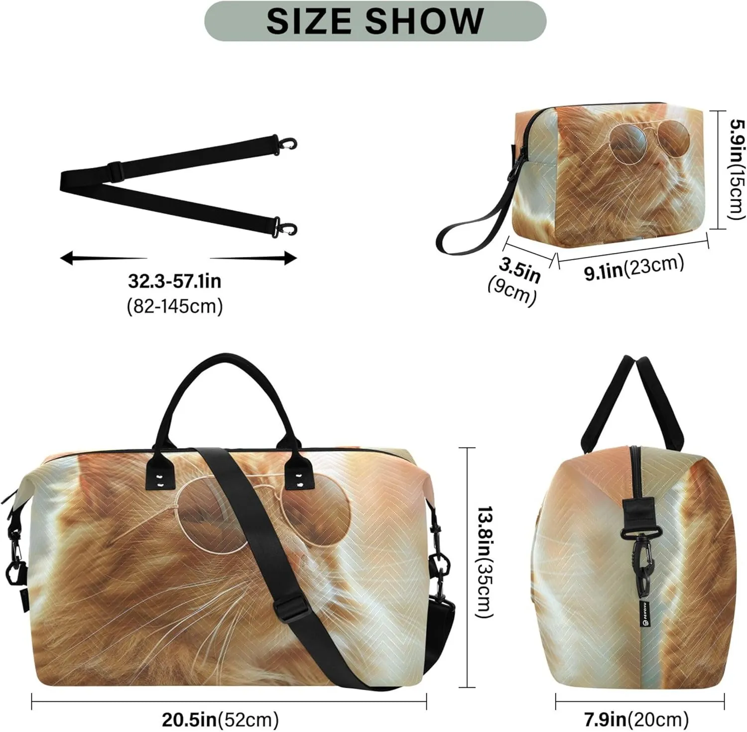 Cute Ginger Cat Duffle Bag for Travel Make up Bags Set of 2, Fun Luggage Set Carry on Duffel Bag