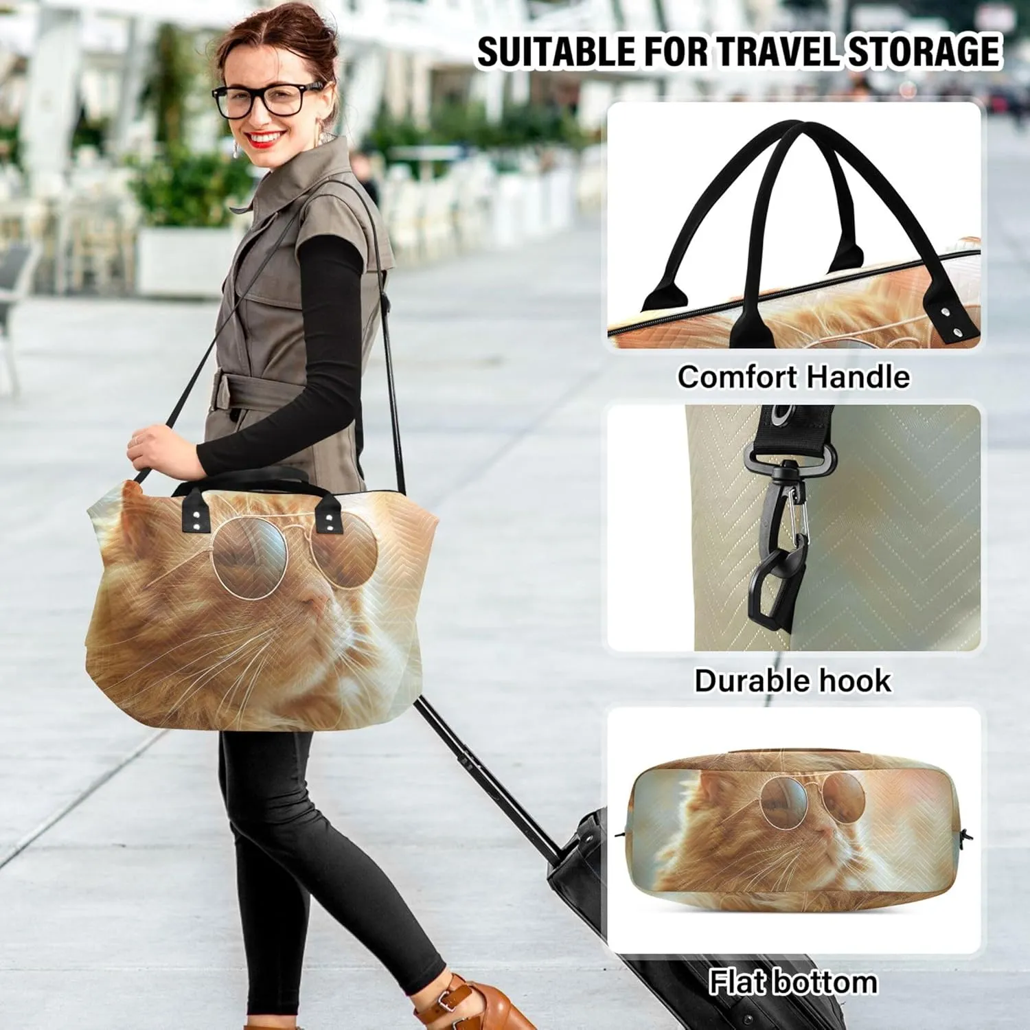Cute Ginger Cat Duffle Bag for Travel Make up Bags Set of 2, Fun Luggage Set Carry on Duffel Bag