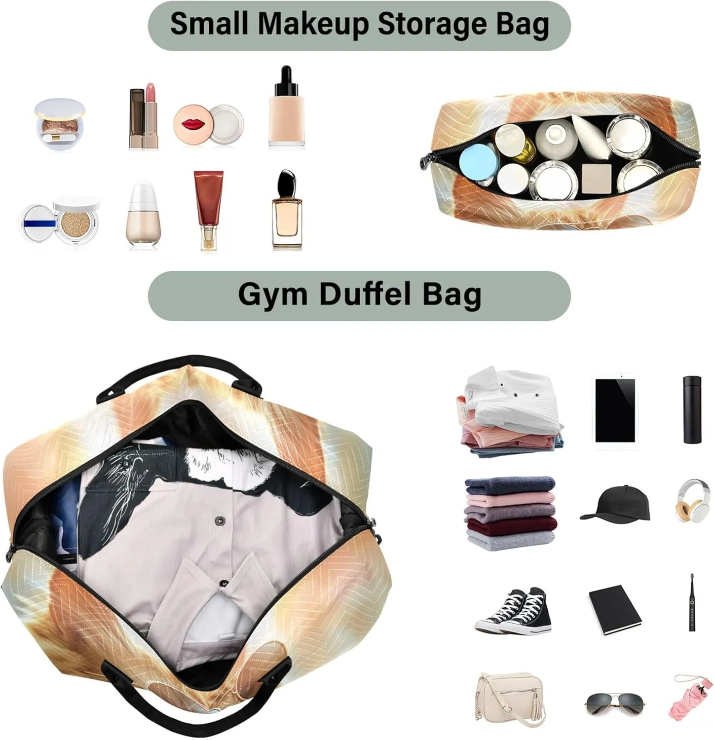 Cute Ginger Cat Duffle Bag for Travel Make up Bags Set of 2, Fun Luggage Set Carry on Duffel Bag