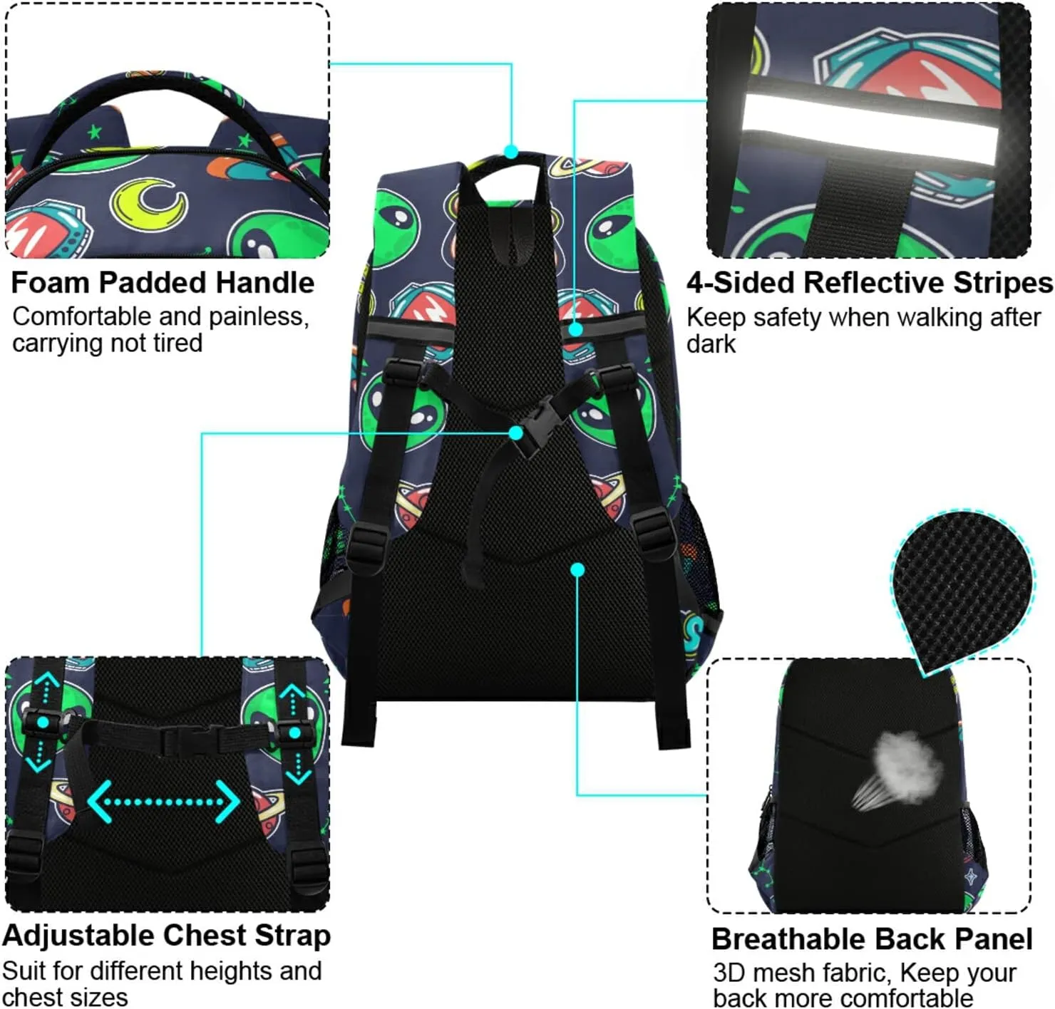 Cute Green Alien Kids Backpack for Boys Space Planet School Backpacks Preschool Toddler BookBags Kindergarten Elemetary School Bags