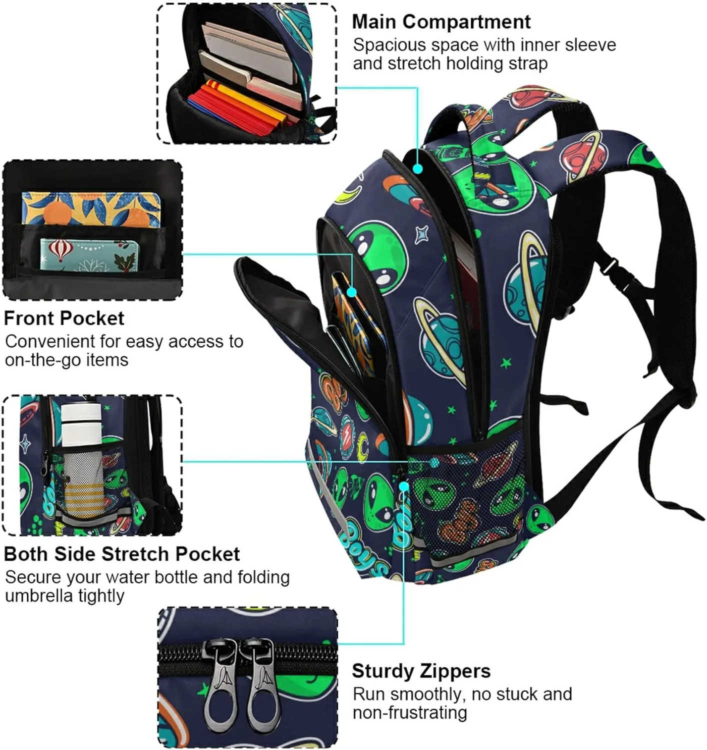 Cute Green Alien Kids Backpack for Boys Space Planet School Backpacks Preschool Toddler BookBags Kindergarten Elemetary School Bags