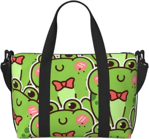 Cute Green Frog Travel Bag for Women Men Weekender Bags Carry on Overnight Bag Tote Bag Yoga Gym Bag for Gym, Work, Weekend, Travel, Personal Items