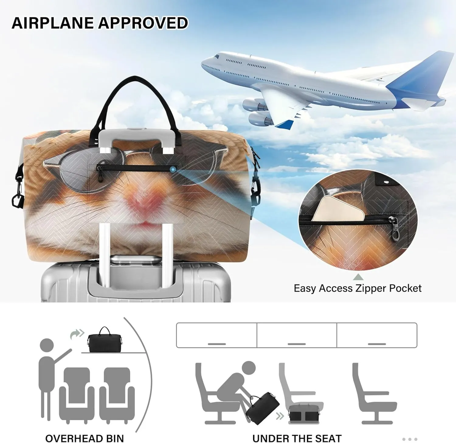 Cute Hamster Animal Travel Duffle Bags Makeup Bag Set of 2, Print Women Luggage Set of 2 Carry on Tote