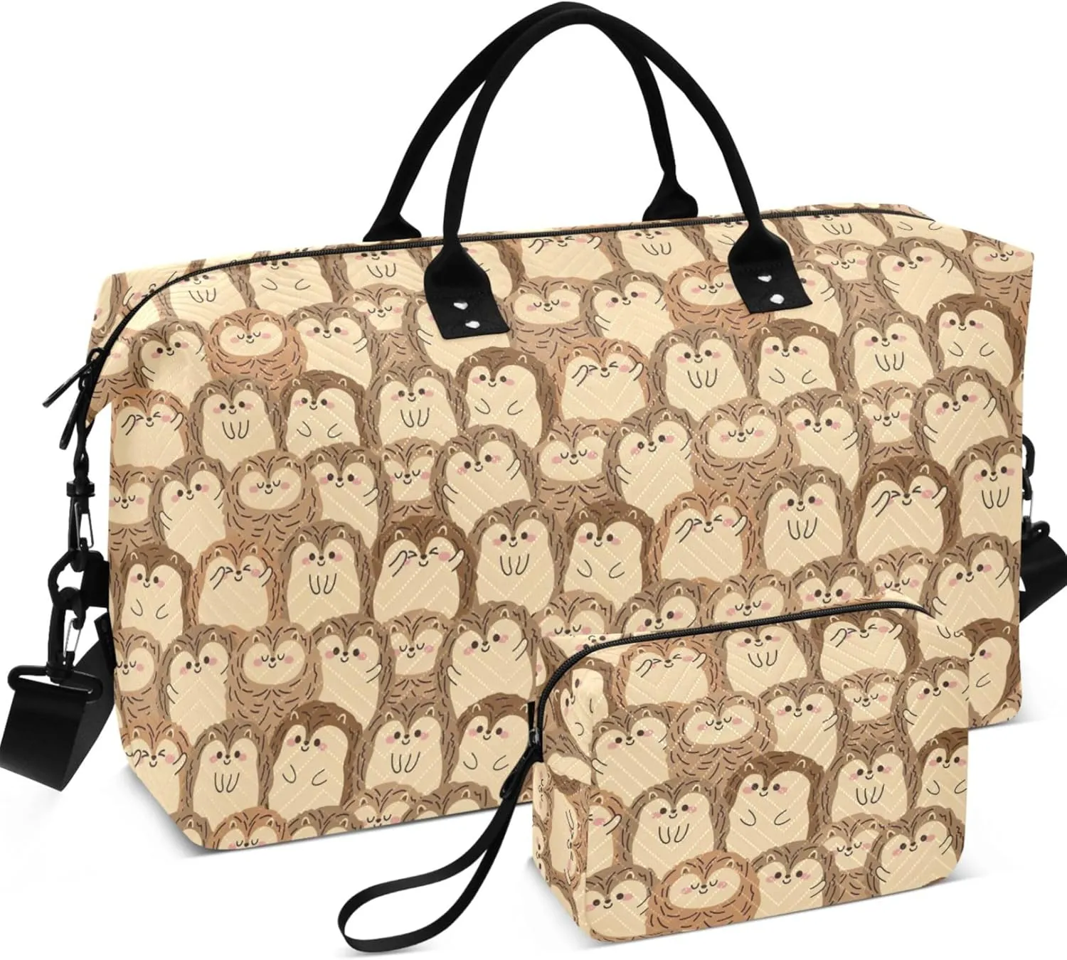 Cute Hedgehog Funny Brown Travel Duffel Bags Makeup Pouch Set, Funny Womens Sports Bags Carry on Duffel Bag
