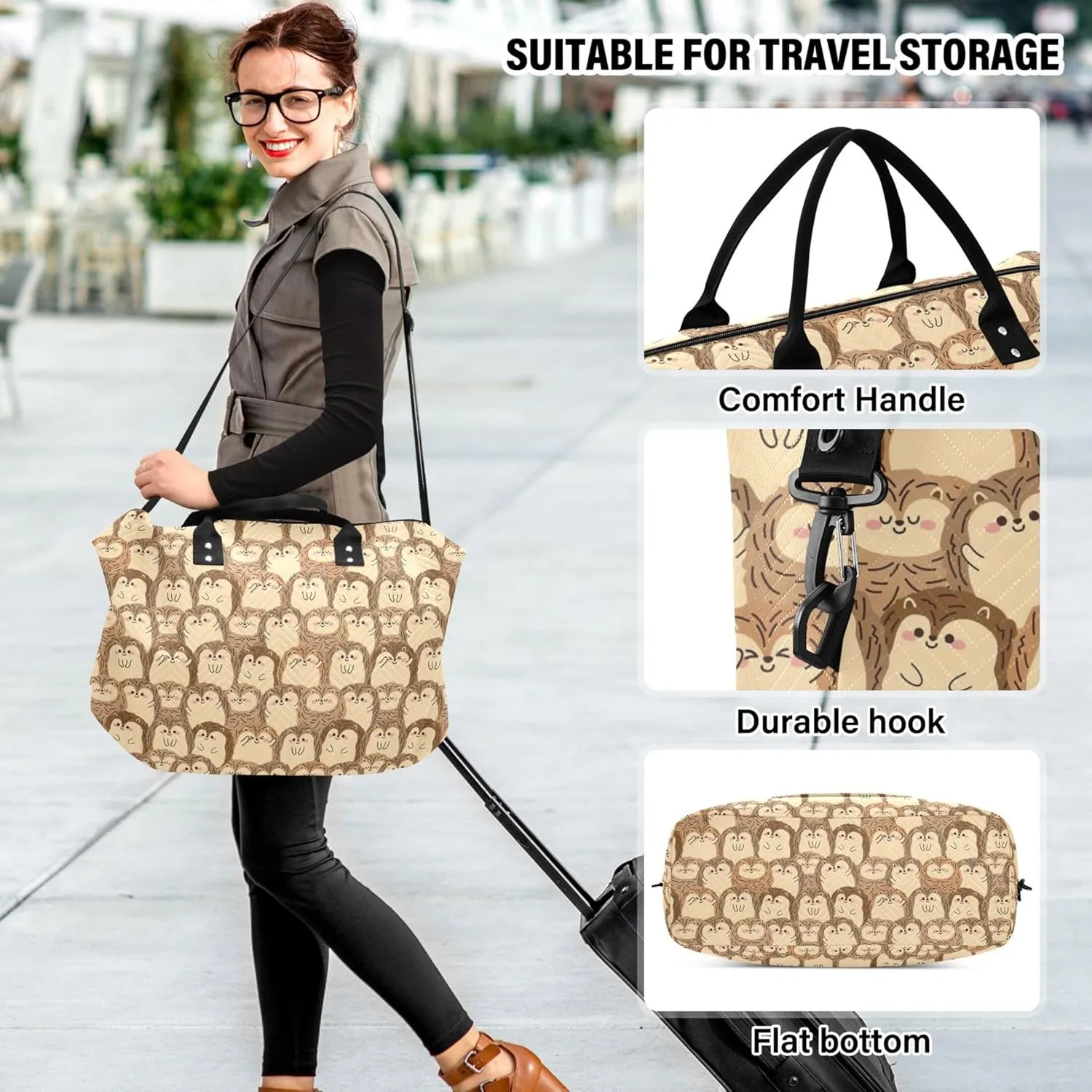 Cute Hedgehog Funny Brown Travel Duffel Bags Makeup Pouch Set, Funny Womens Sports Bags Carry on Duffel Bag