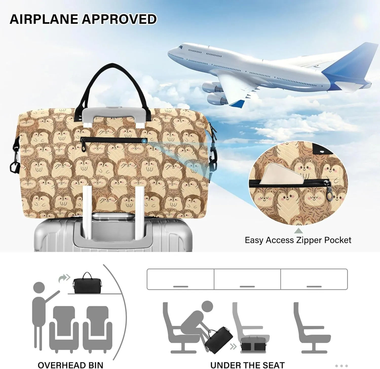Cute Hedgehog Funny Brown Travel Duffel Bags Makeup Pouch Set, Funny Womens Sports Bags Carry on Duffel Bag