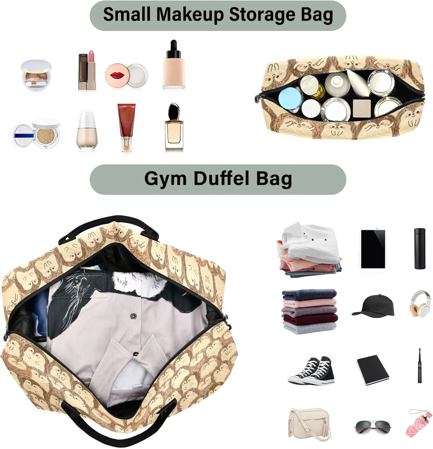 Cute Hedgehog Funny Brown Travel Duffel Bags Makeup Pouch Set, Funny Womens Sports Bags Carry on Duffel Bag
