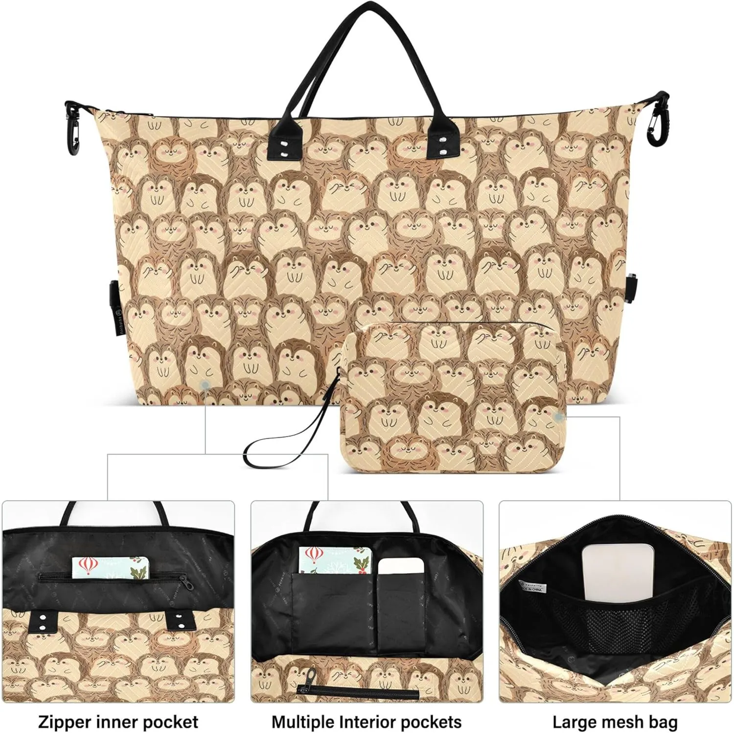 Cute Hedgehog Funny Brown Travel Duffel Bags Makeup Pouch Set, Funny Womens Sports Bags Carry on Duffel Bag