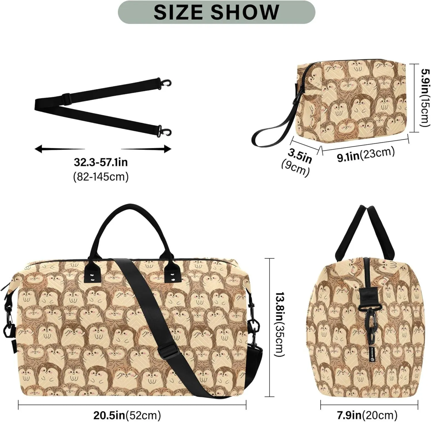 Cute Hedgehog Funny Brown Travel Duffel Bags Makeup Pouch Set, Funny Womens Sports Bags Carry on Duffel Bag
