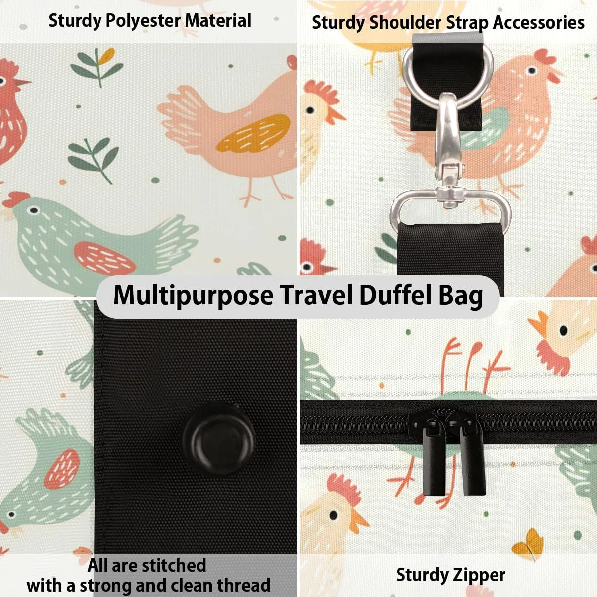 Cute Hens Rooster Travel Duffle Bag, Sports Gym Bags for Women Men, Carry On Weekender Overnight Workout Airplane Trips Bag
