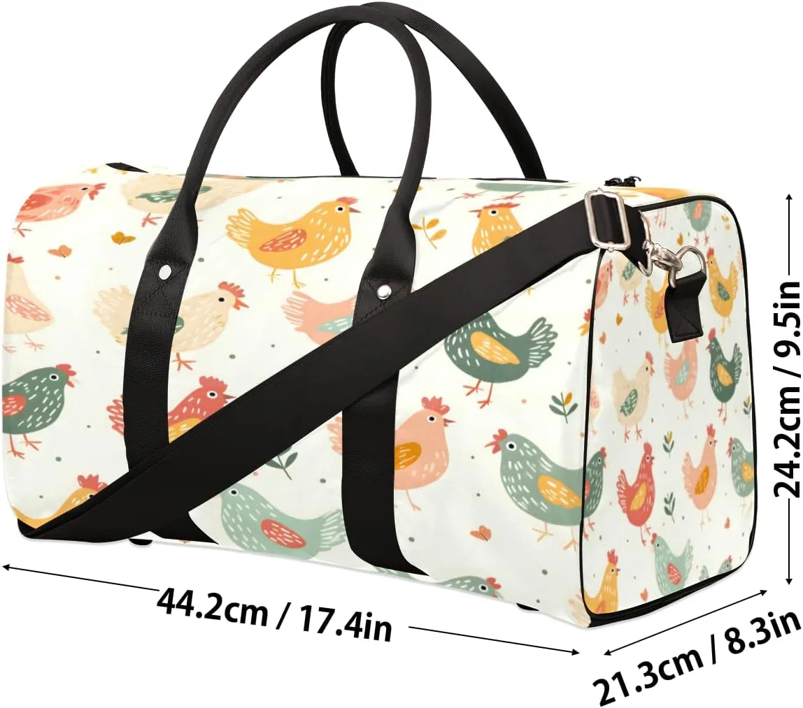 Cute Hens Rooster Travel Duffle Bag, Sports Gym Bags for Women Men, Carry On Weekender Overnight Workout Airplane Trips Bag