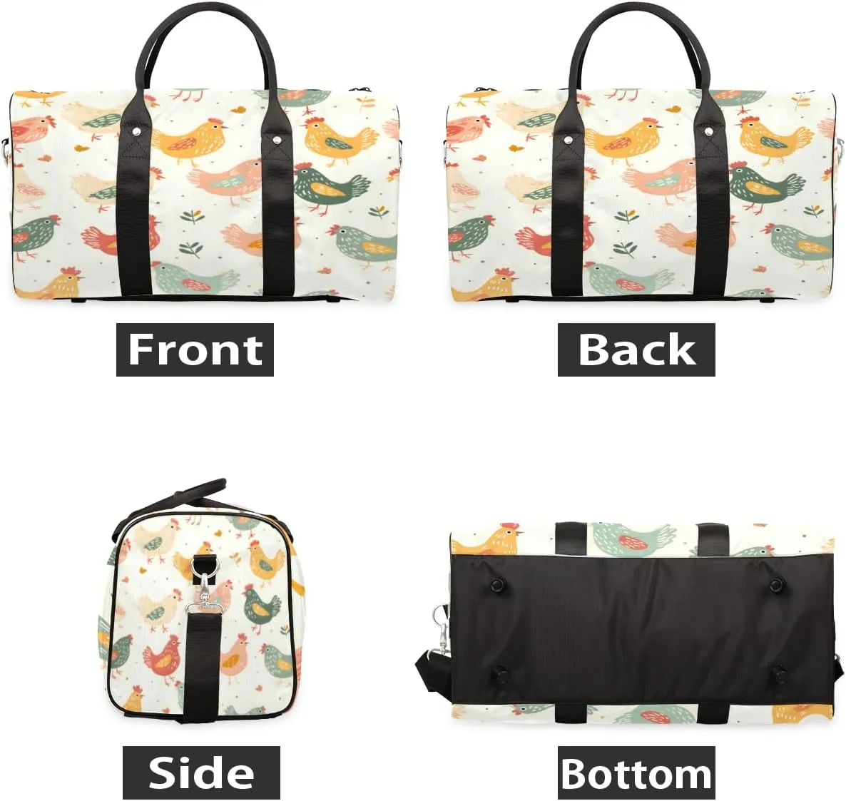 Cute Hens Rooster Travel Duffle Bag, Sports Gym Bags for Women Men, Carry On Weekender Overnight Workout Airplane Trips Bag