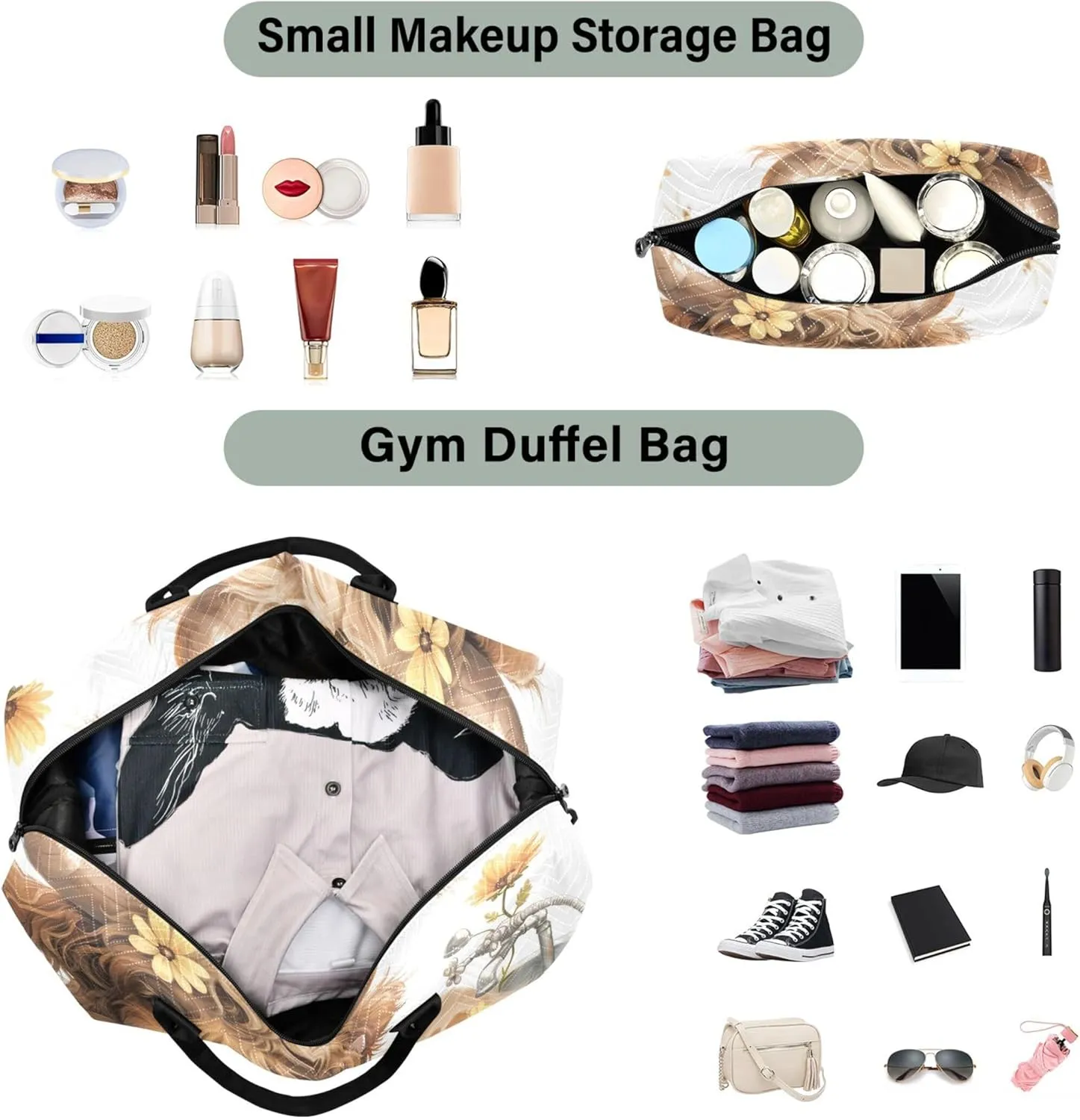 Cute Highland Cow Flower Duffel Bags Travel Cosmetic Bags Set of 2, Print Women Tote Gym Bag Traveling Bag