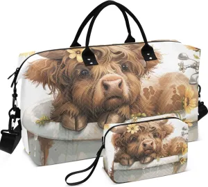Cute Highland Cow Flower Duffel Bags Travel Cosmetic Bags Set of 2, Print Women Tote Gym Bag Traveling Bag