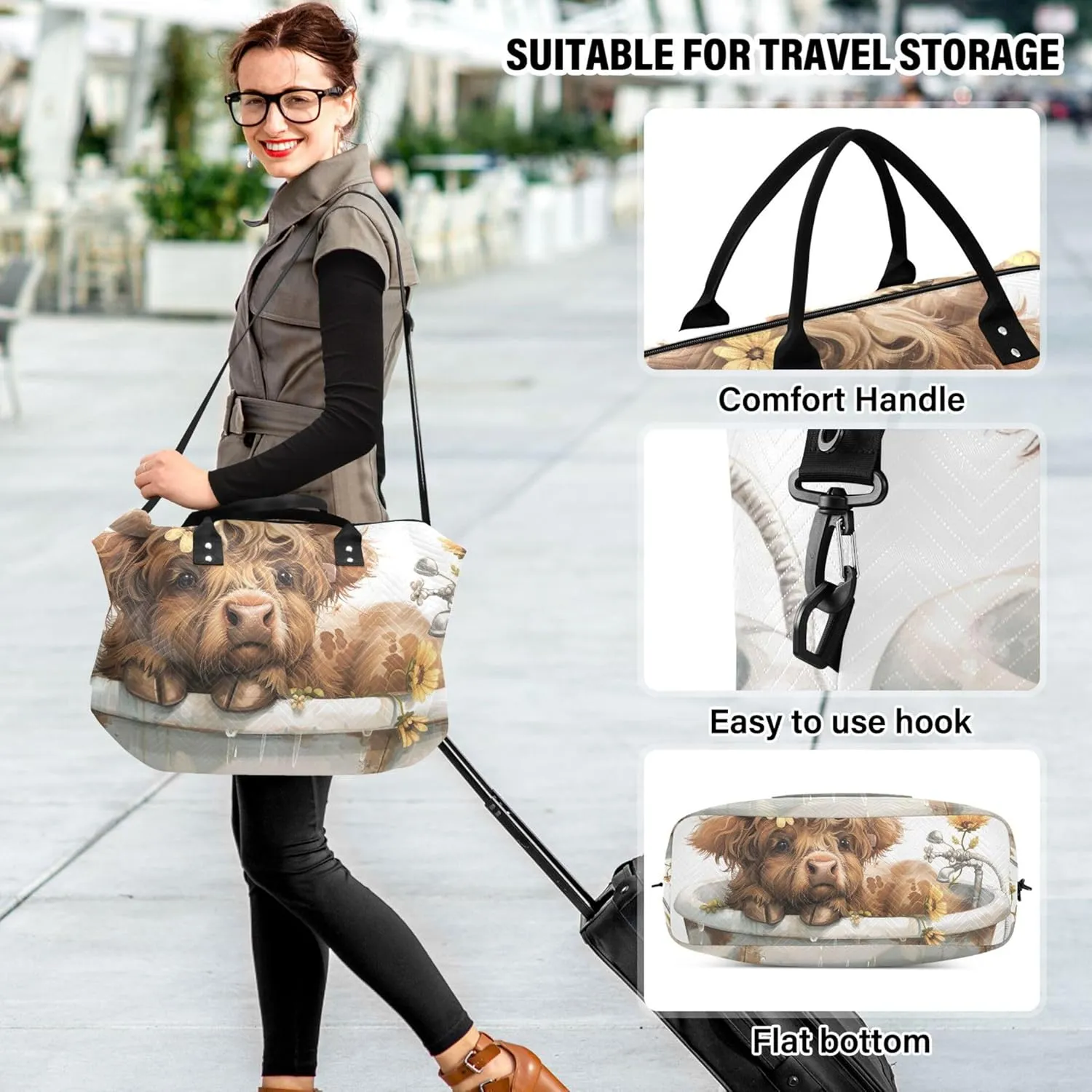 Cute Highland Cow Flower Duffel Bags Travel Cosmetic Bags Set of 2, Print Women Tote Gym Bag Traveling Bag