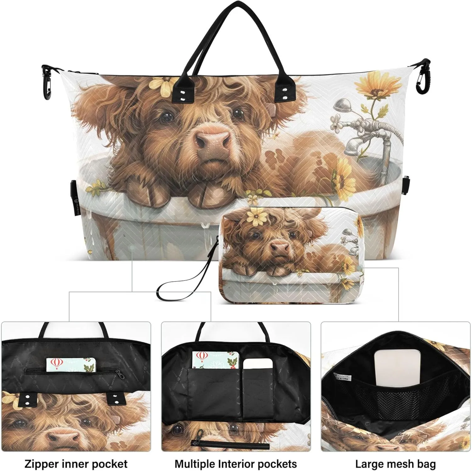 Cute Highland Cow Flower Duffel Bags Travel Cosmetic Bags Set of 2, Print Women Tote Gym Bag Traveling Bag