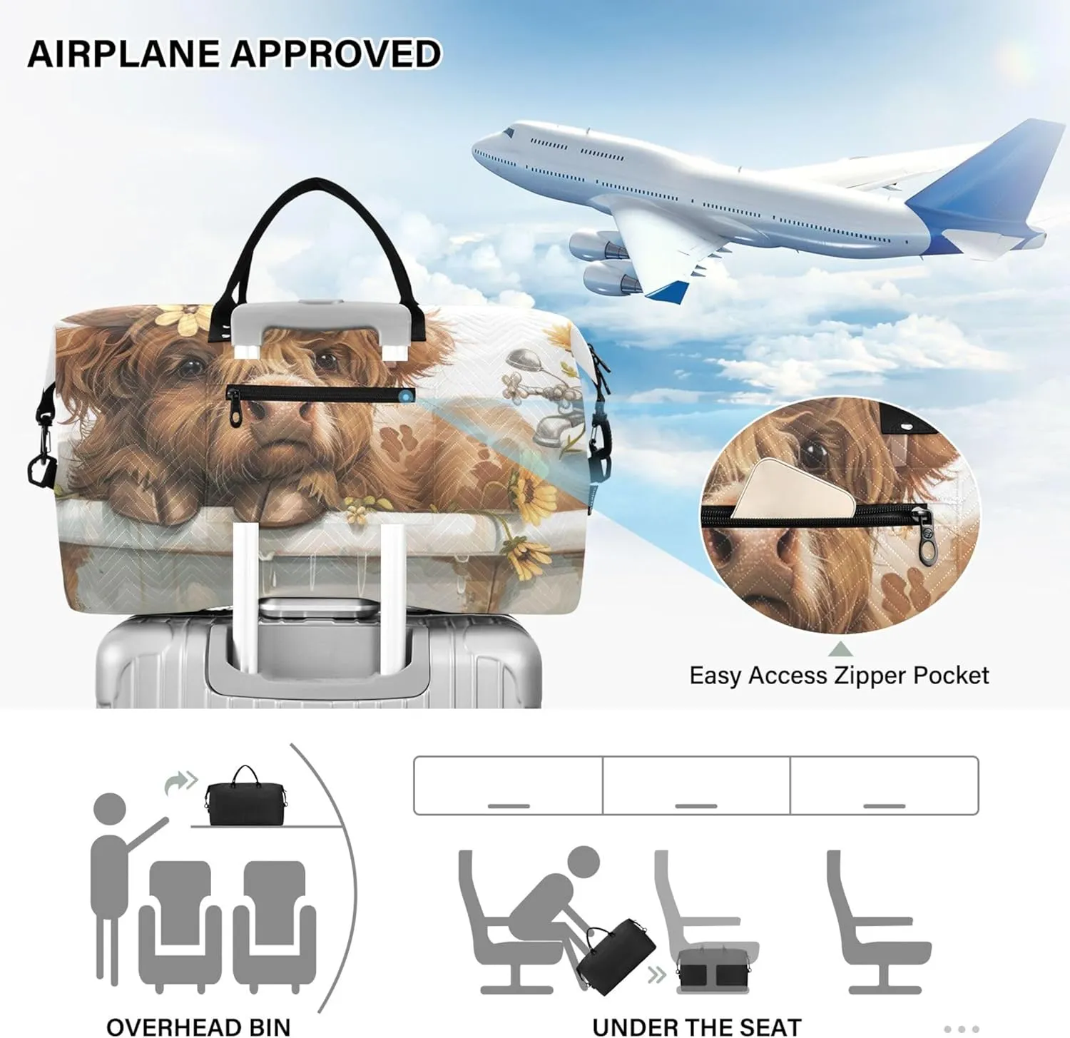 Cute Highland Cow Flower Duffel Bags Travel Cosmetic Bags Set of 2, Print Women Tote Gym Bag Traveling Bag