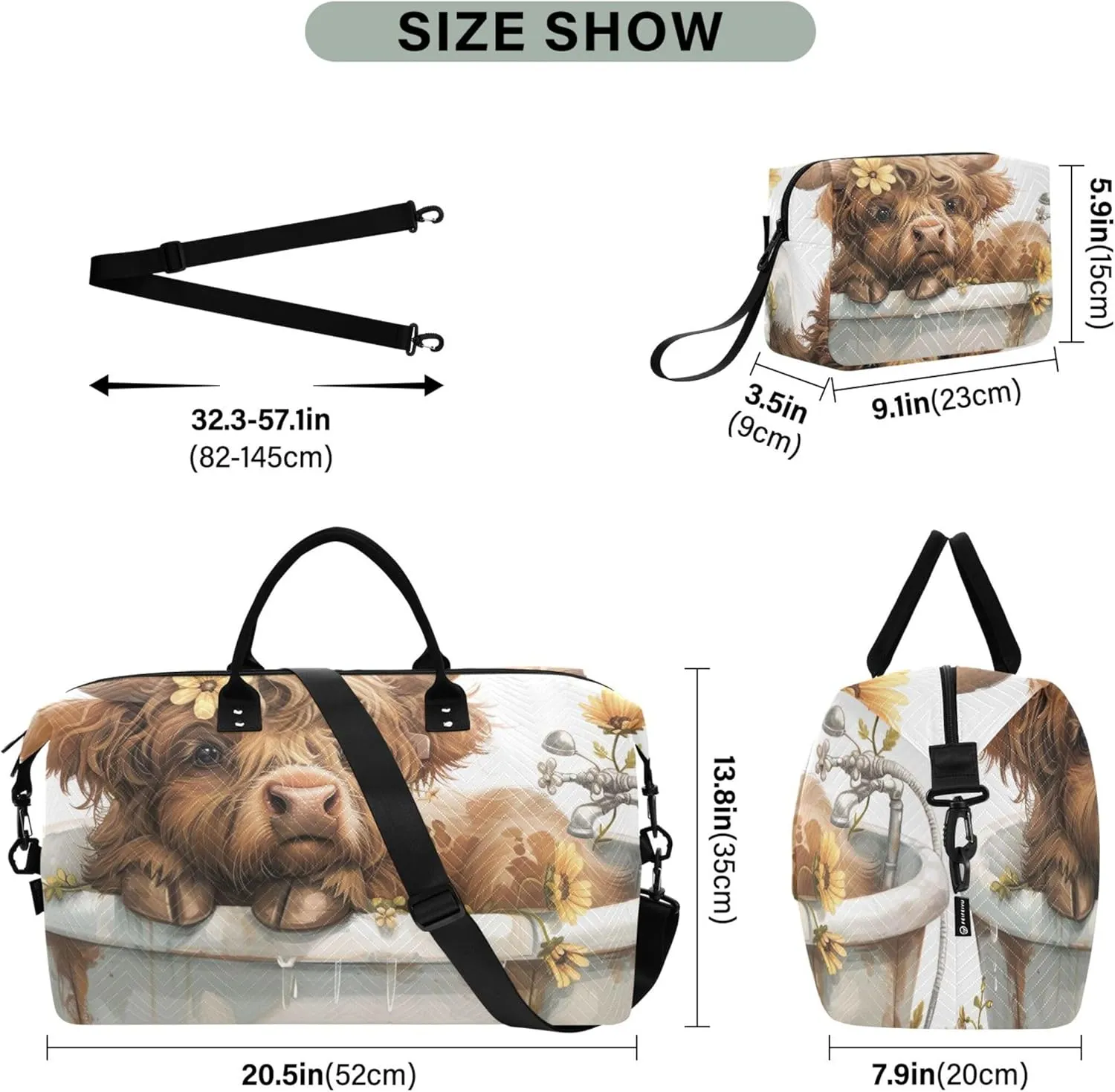 Cute Highland Cow Flower Duffel Bags Travel Cosmetic Bags Set of 2, Print Women Tote Gym Bag Traveling Bag