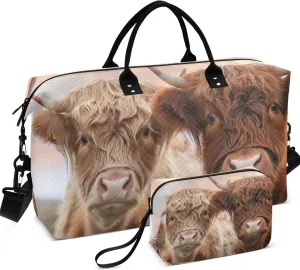 Cute Highland Cows Travel Duffel Bag Toiletry Bag Set of 2, Funny Womens Gym Tote Carry on Duffle