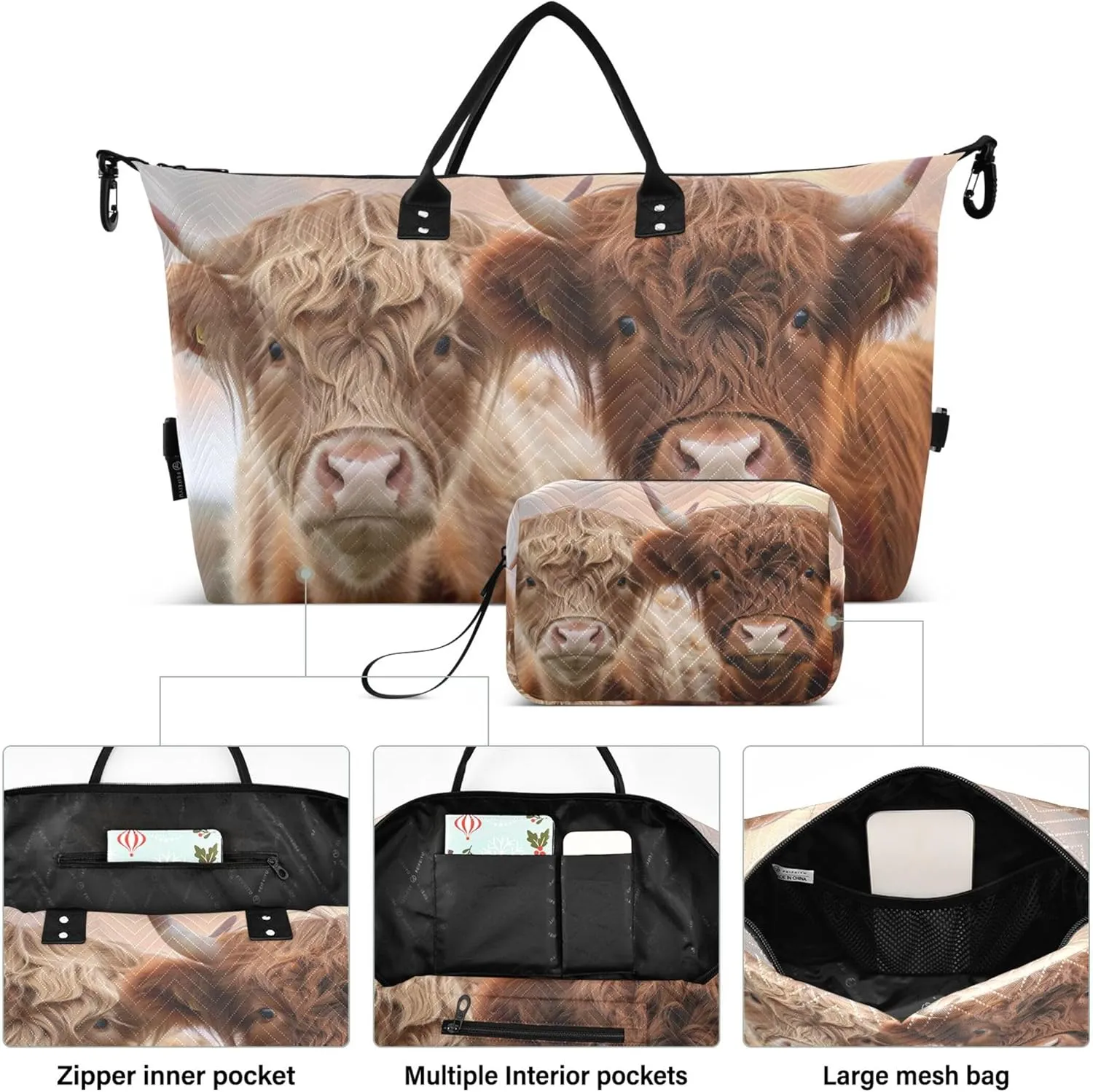 Cute Highland Cows Travel Duffel Bag Toiletry Bag Set of 2, Funny Womens Gym Tote Carry on Duffle