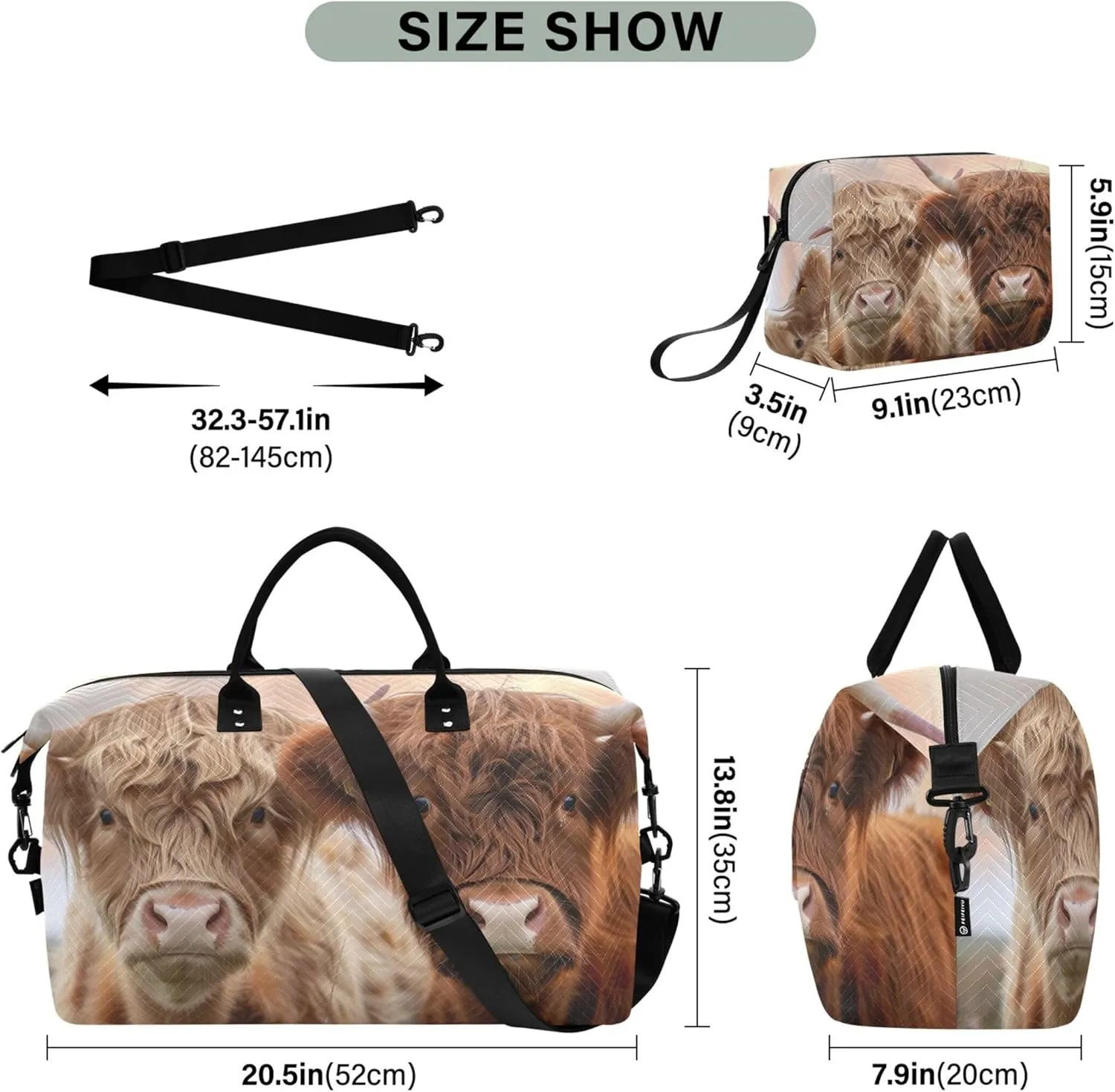 Cute Highland Cows Travel Duffel Bag Toiletry Bag Set of 2, Funny Womens Gym Tote Carry on Duffle