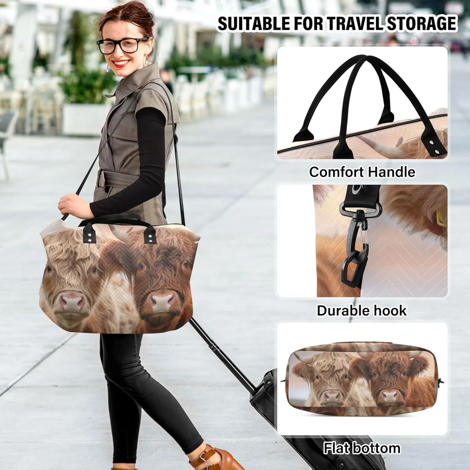 Cute Highland Cows Travel Duffel Bag Toiletry Bag Set of 2, Funny Womens Gym Tote Carry on Duffle