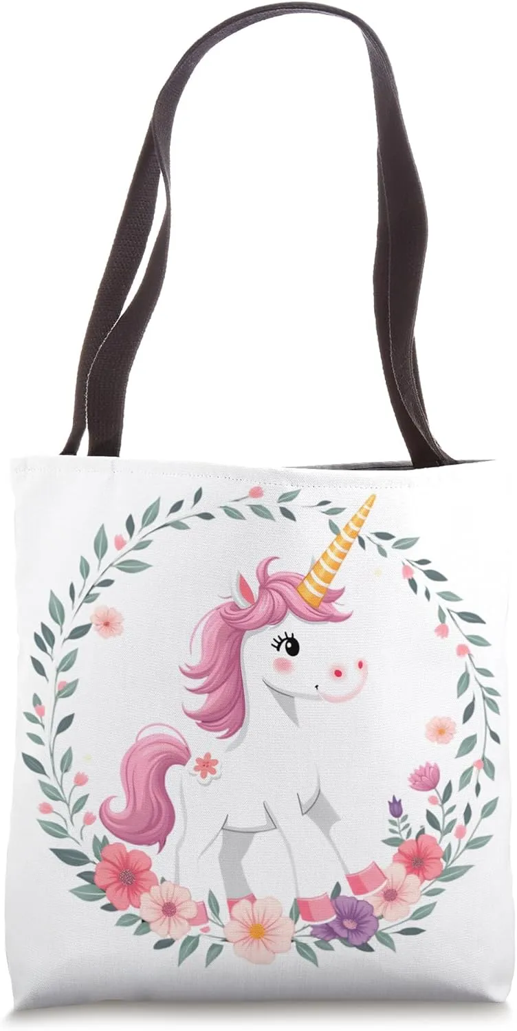 Cute Kawaii Unicorn Surrounded by Flowers and Pink Mane Tote Bag