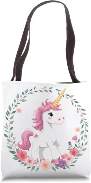 Cute Kawaii Unicorn Surrounded by Flowers and Pink Mane Tote Bag
