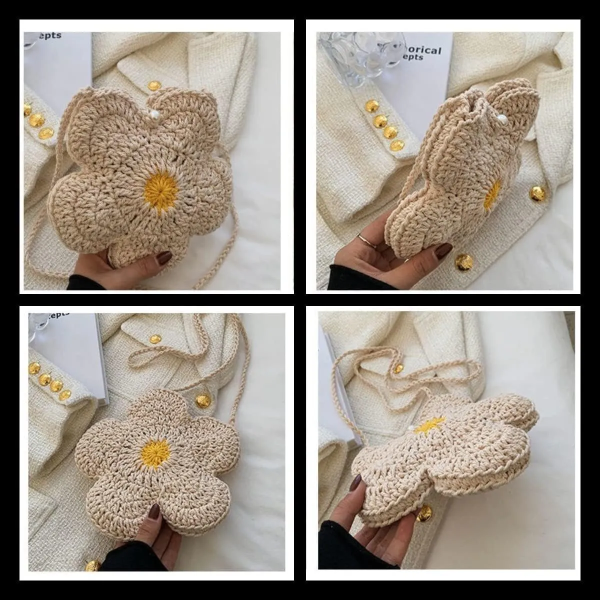 Cute Knitted Flower Purse Crossbody Bag for Women Girls Novelty Shoulder Bag (Yellow)