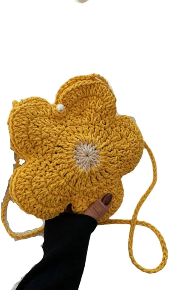 Cute Knitted Flower Purse Crossbody Bag for Women Girls Novelty Shoulder Bag (Yellow)