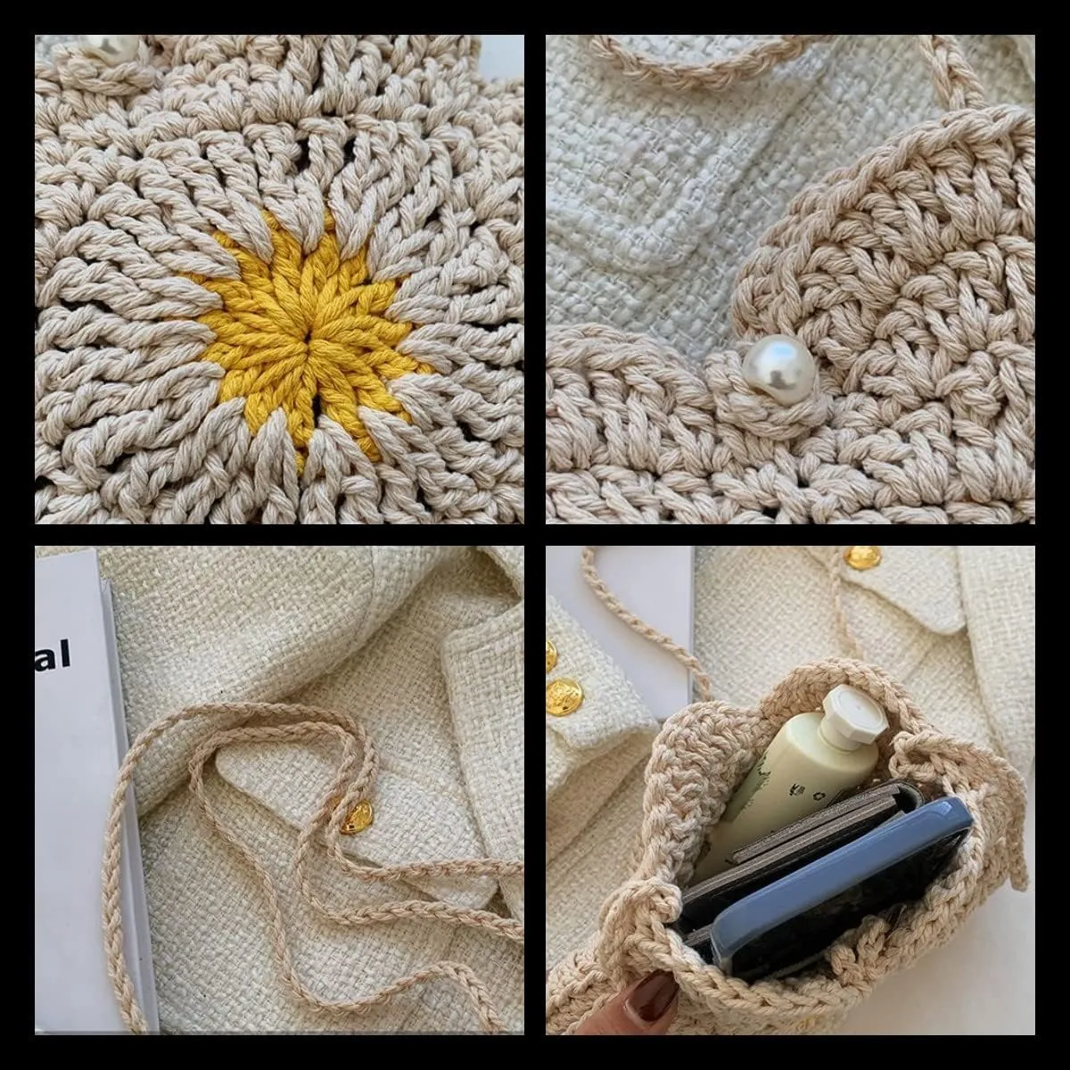 Cute Knitted Flower Purse Crossbody Bag for Women Girls Novelty Shoulder Bag (Yellow)