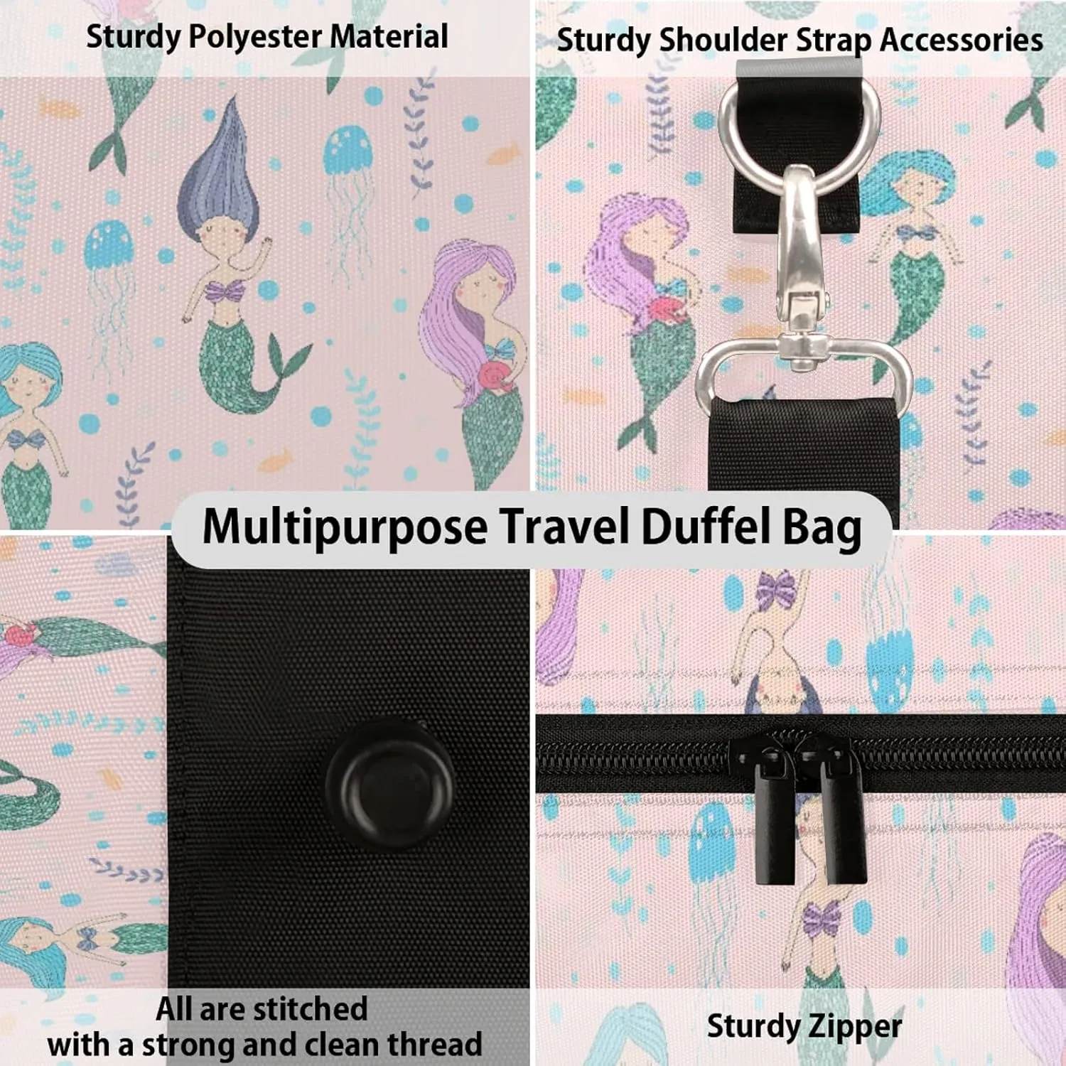 Cute Mermaid Travel Duffle Bag, Weekender Bags for Women Men, Carry on Overnight Bag Waterproof Gym Bags, Hospital Bag for Labor and Delivery