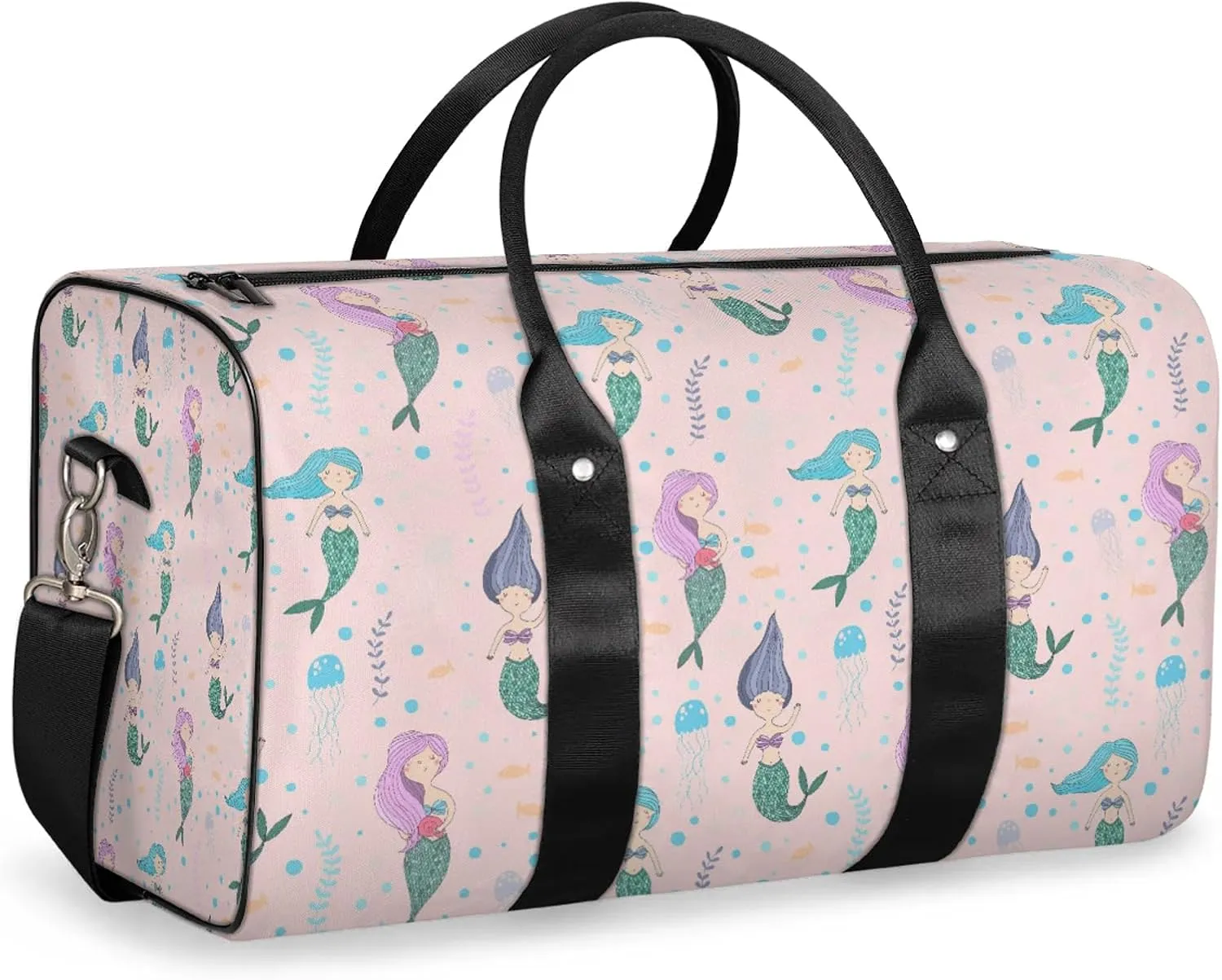 Cute Mermaid Travel Duffle Bag, Weekender Bags for Women Men, Carry on Overnight Bag Waterproof Gym Bags, Hospital Bag for Labor and Delivery