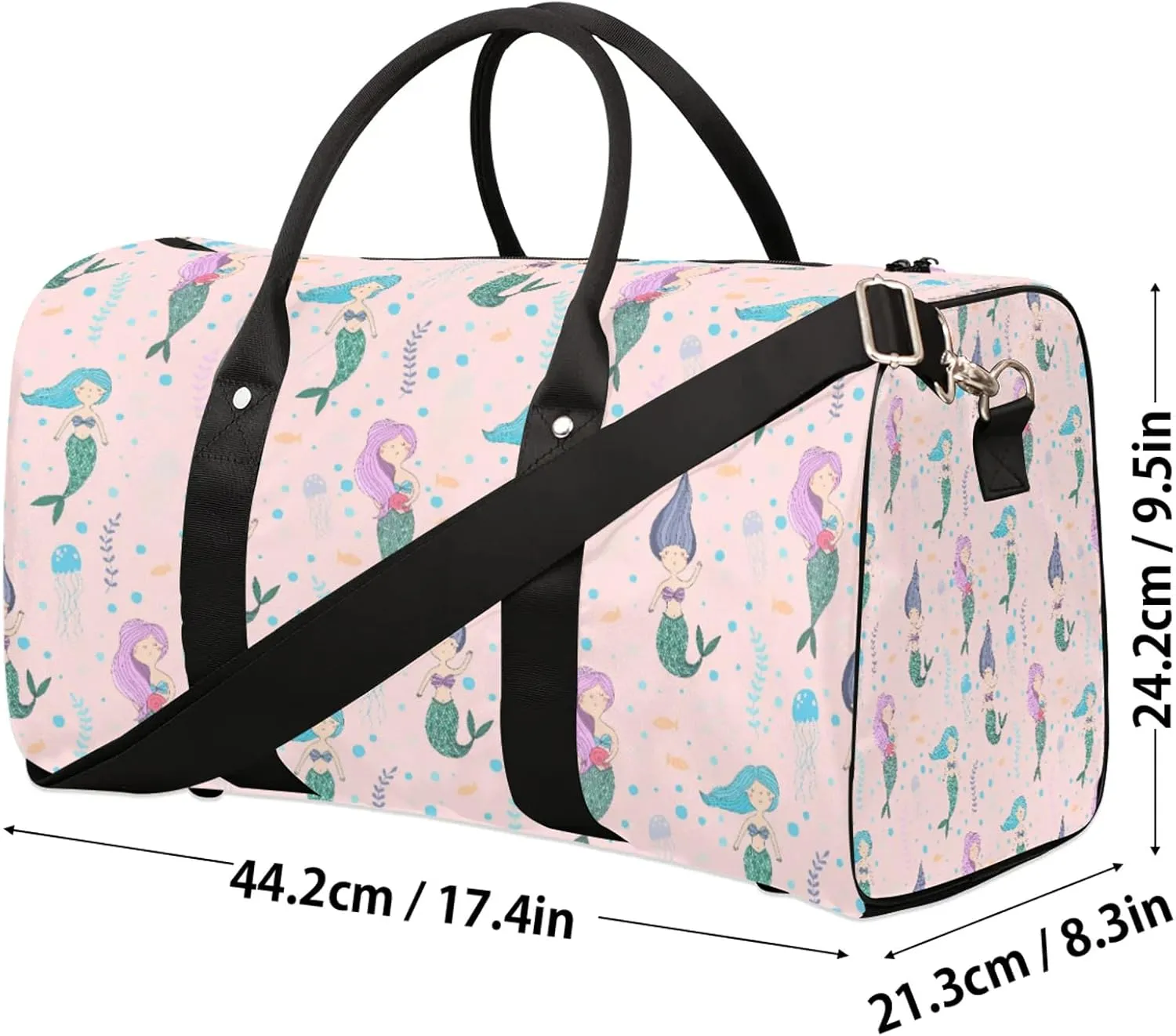 Cute Mermaid Travel Duffle Bag, Weekender Bags for Women Men, Carry on Overnight Bag Waterproof Gym Bags, Hospital Bag for Labor and Delivery