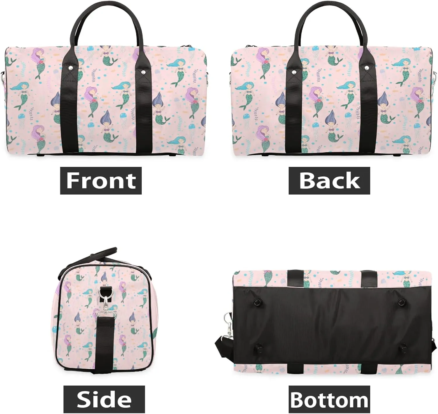 Cute Mermaid Travel Duffle Bag, Weekender Bags for Women Men, Carry on Overnight Bag Waterproof Gym Bags, Hospital Bag for Labor and Delivery
