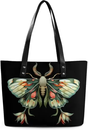 Cute Moth Beautiful Butterfly Insect Women Tote Bag PU Leather Handbags Top Handle Bag Fashion Shoulder Purses with Zippered