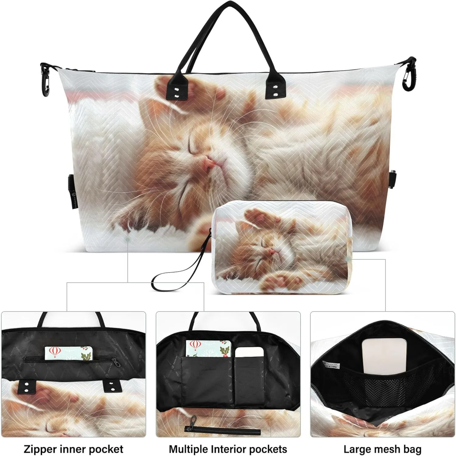 Cute Orange Kitten Duffle Bag Women Travel Cosmetic Pouch Set of 2, Print Women Small Duffel Bag Carry on Tote