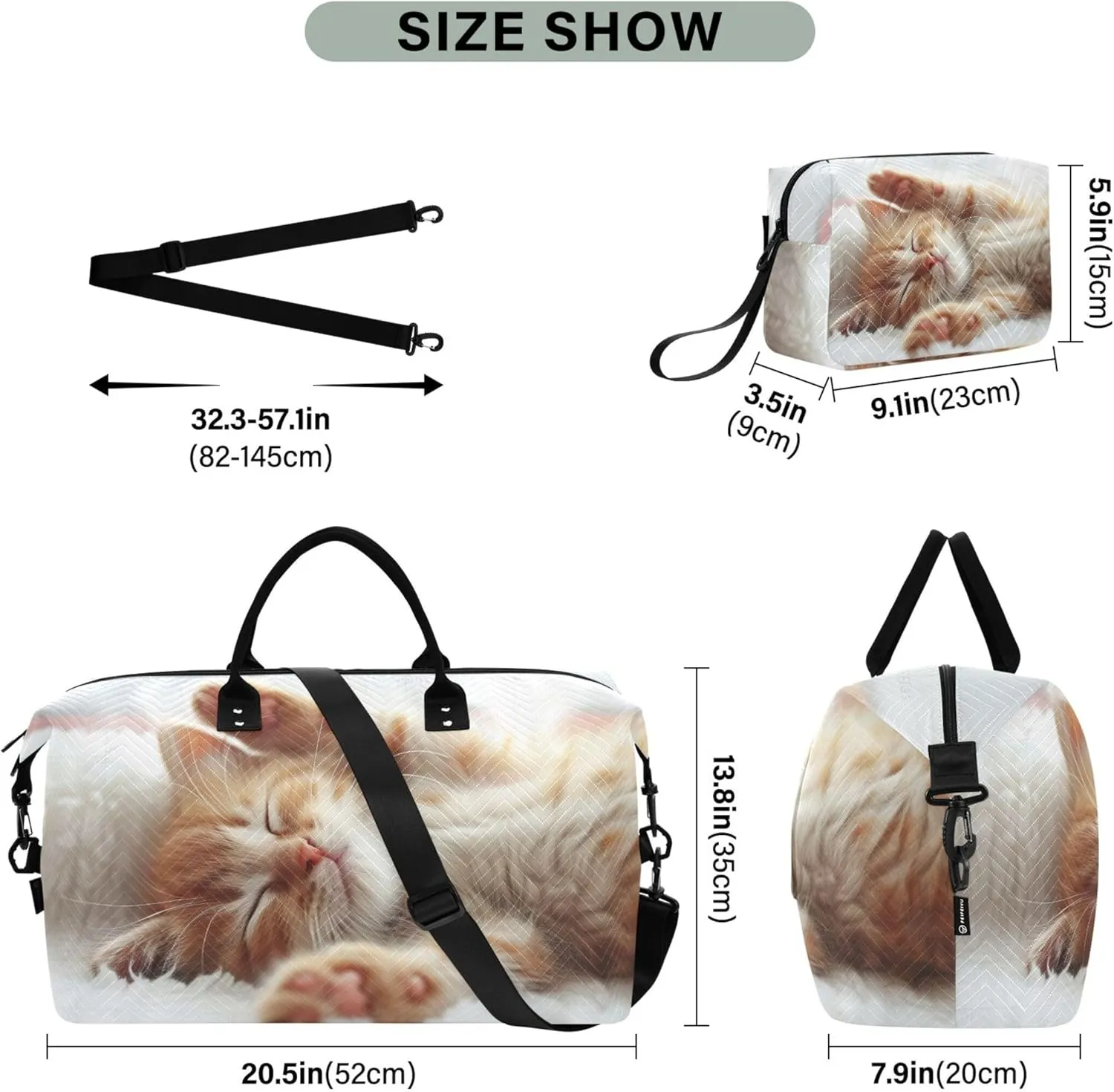 Cute Orange Kitten Duffle Bag Women Travel Cosmetic Pouch Set of 2, Print Women Small Duffel Bag Carry on Tote