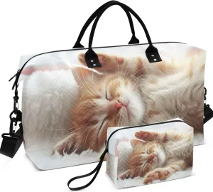 Cute Orange Kitten Duffle Bag Women Travel Cosmetic Pouch Set of 2, Print Women Small Duffel Bag Carry on Tote