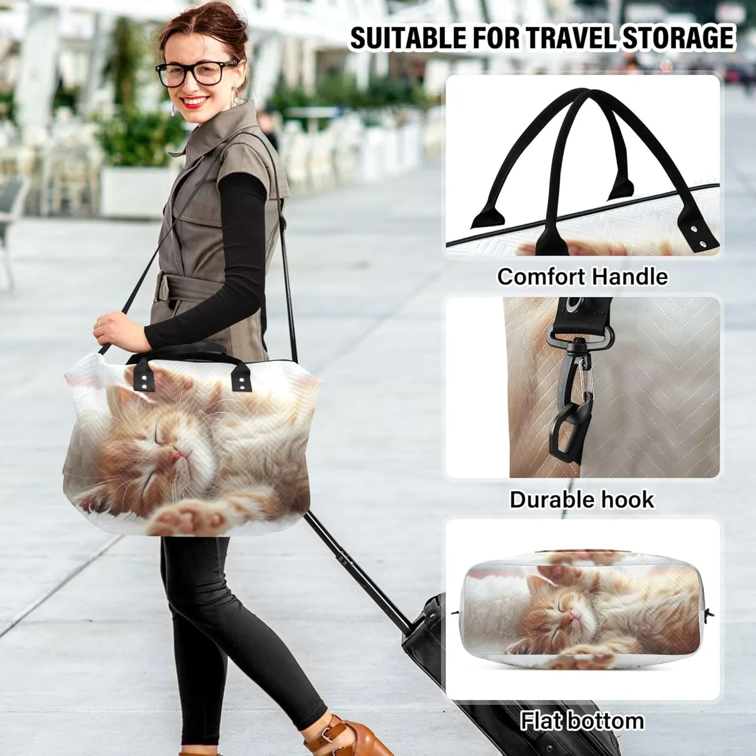 Cute Orange Kitten Duffle Bag Women Travel Cosmetic Pouch Set of 2, Print Women Small Duffel Bag Carry on Tote