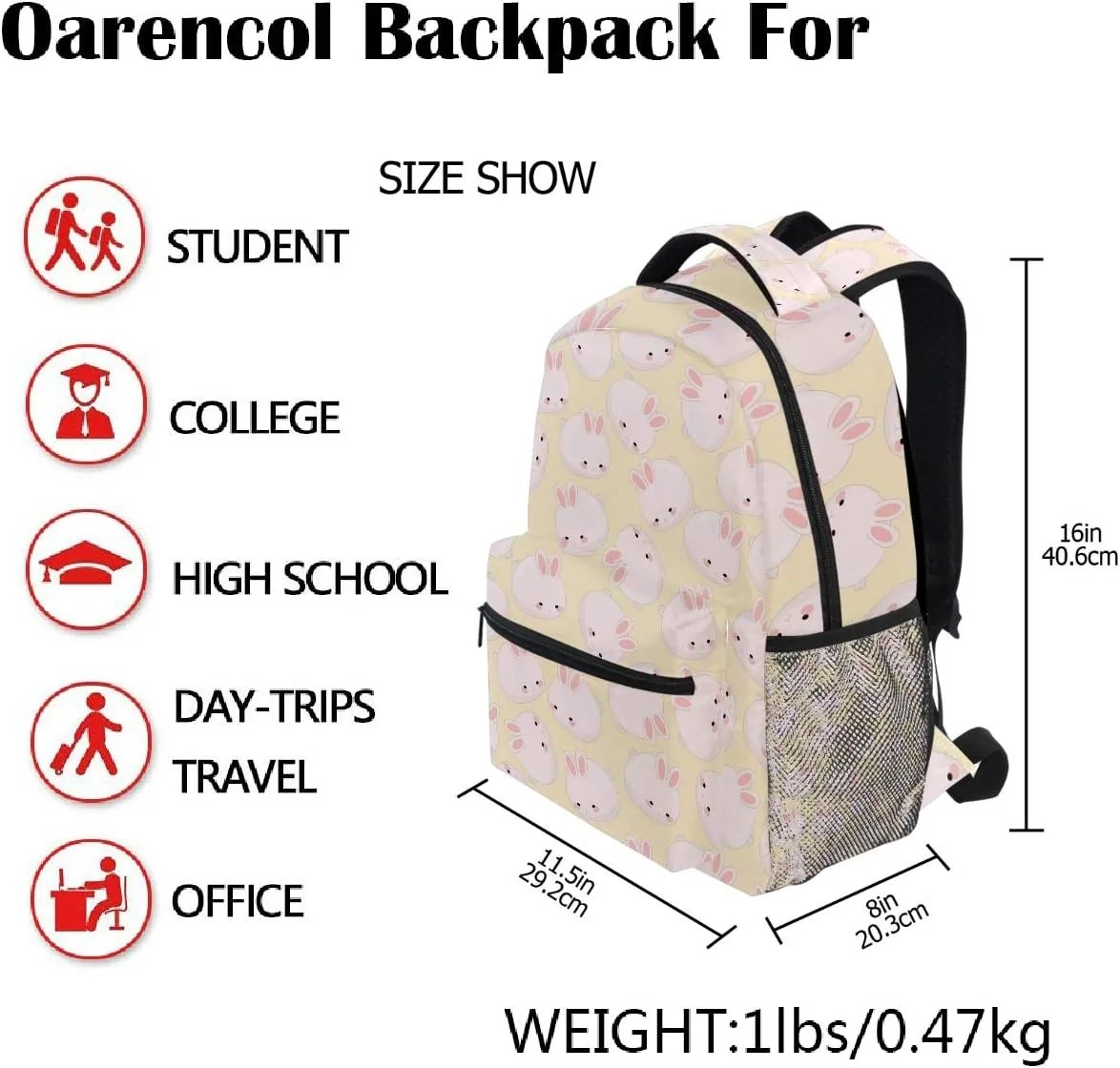 Cute Pink Bunny Backpacks Rabbit Animal Bookbags Daypack Travel School College Bag for Womens Girls Mens Boys Teens
