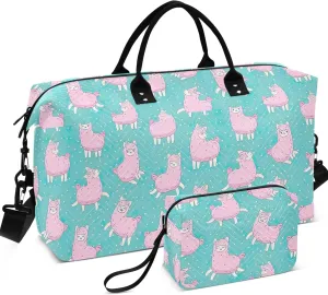 Cute Pink Fluffy Llama Alpaca Pink Travel Duffle Bags Cosmetic Bag Set, Print Sports Bag Weekend Bag Duffel
