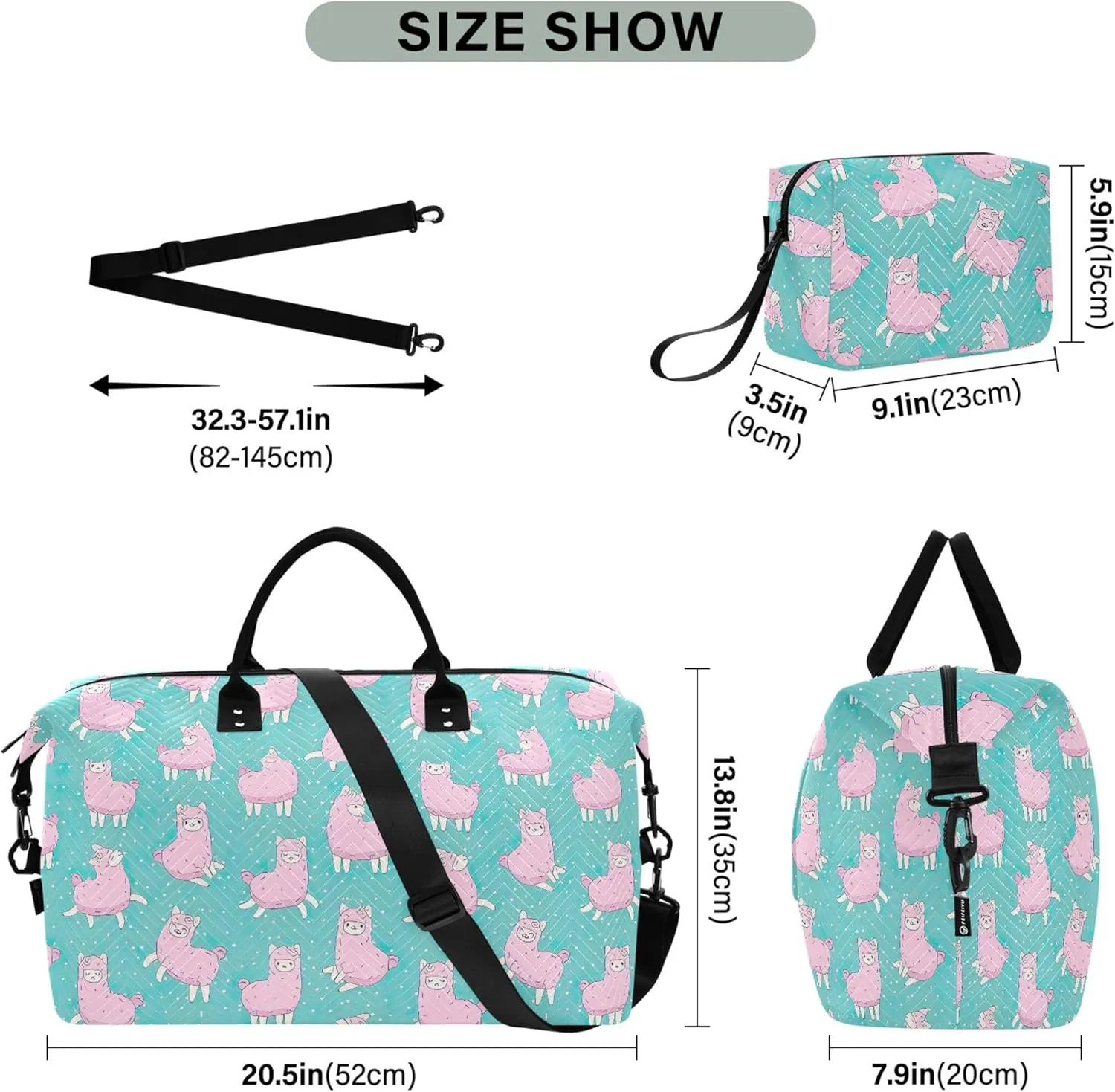 Cute Pink Fluffy Llama Alpaca Pink Travel Duffle Bags Cosmetic Bag Set, Print Sports Bag Weekend Bag Duffel