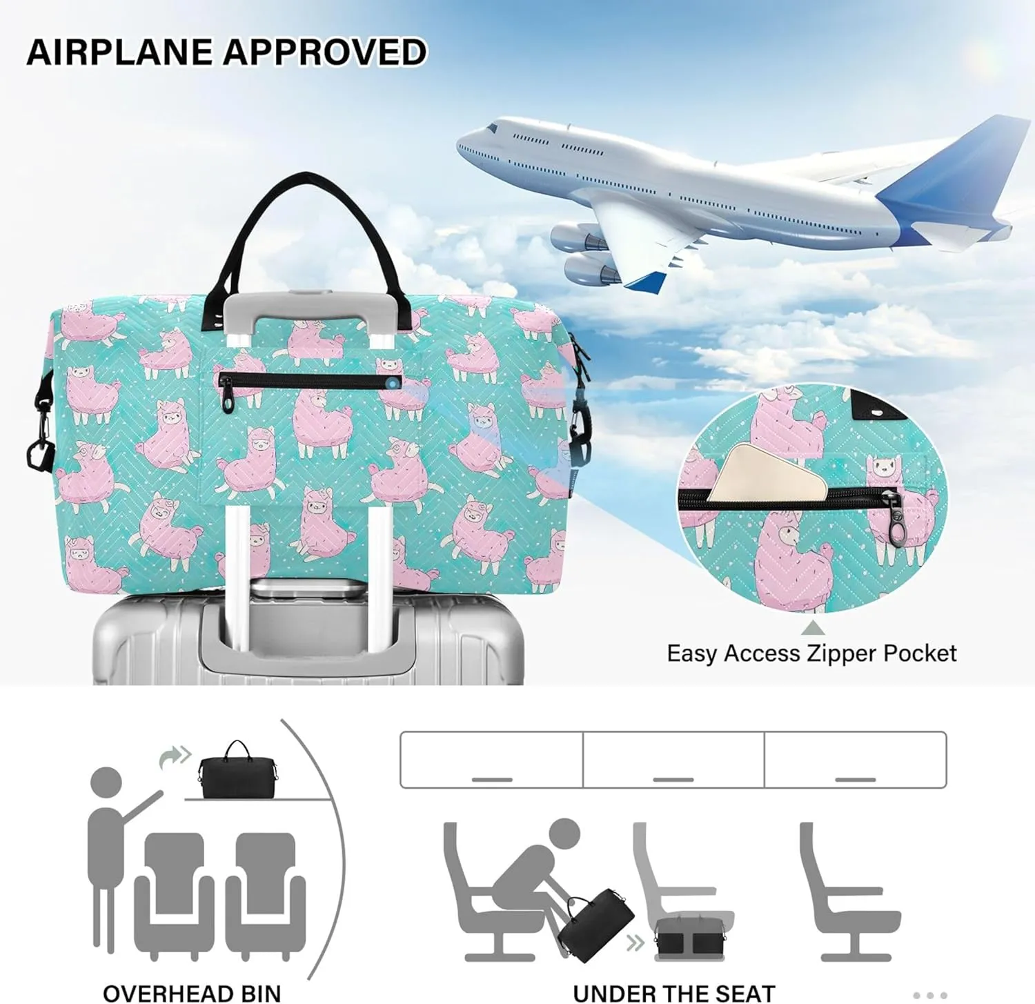 Cute Pink Fluffy Llama Alpaca Pink Travel Duffle Bags Cosmetic Bag Set, Print Sports Bag Weekend Bag Duffel