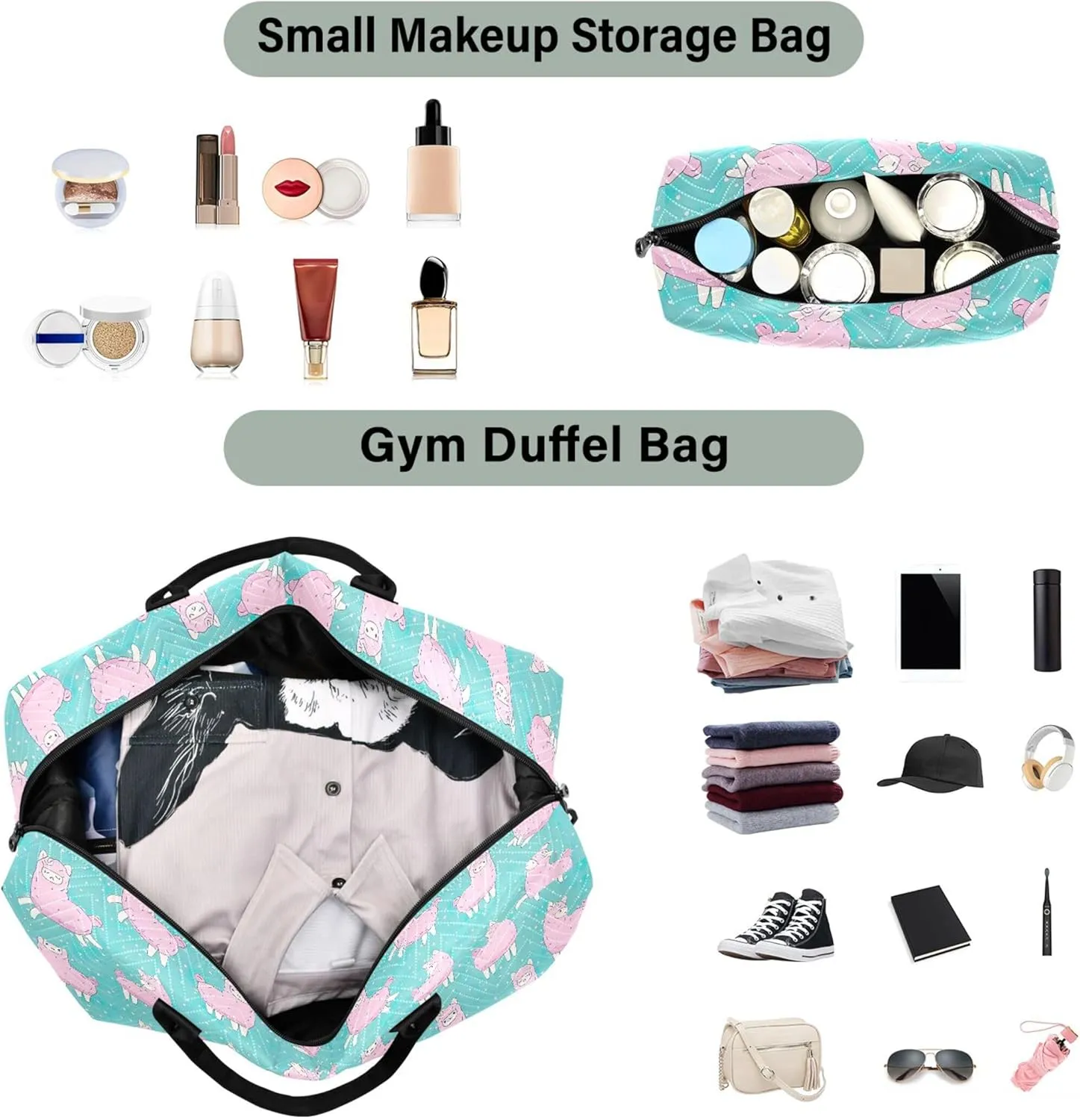 Cute Pink Fluffy Llama Alpaca Pink Travel Duffle Bags Cosmetic Bag Set, Print Sports Bag Weekend Bag Duffel