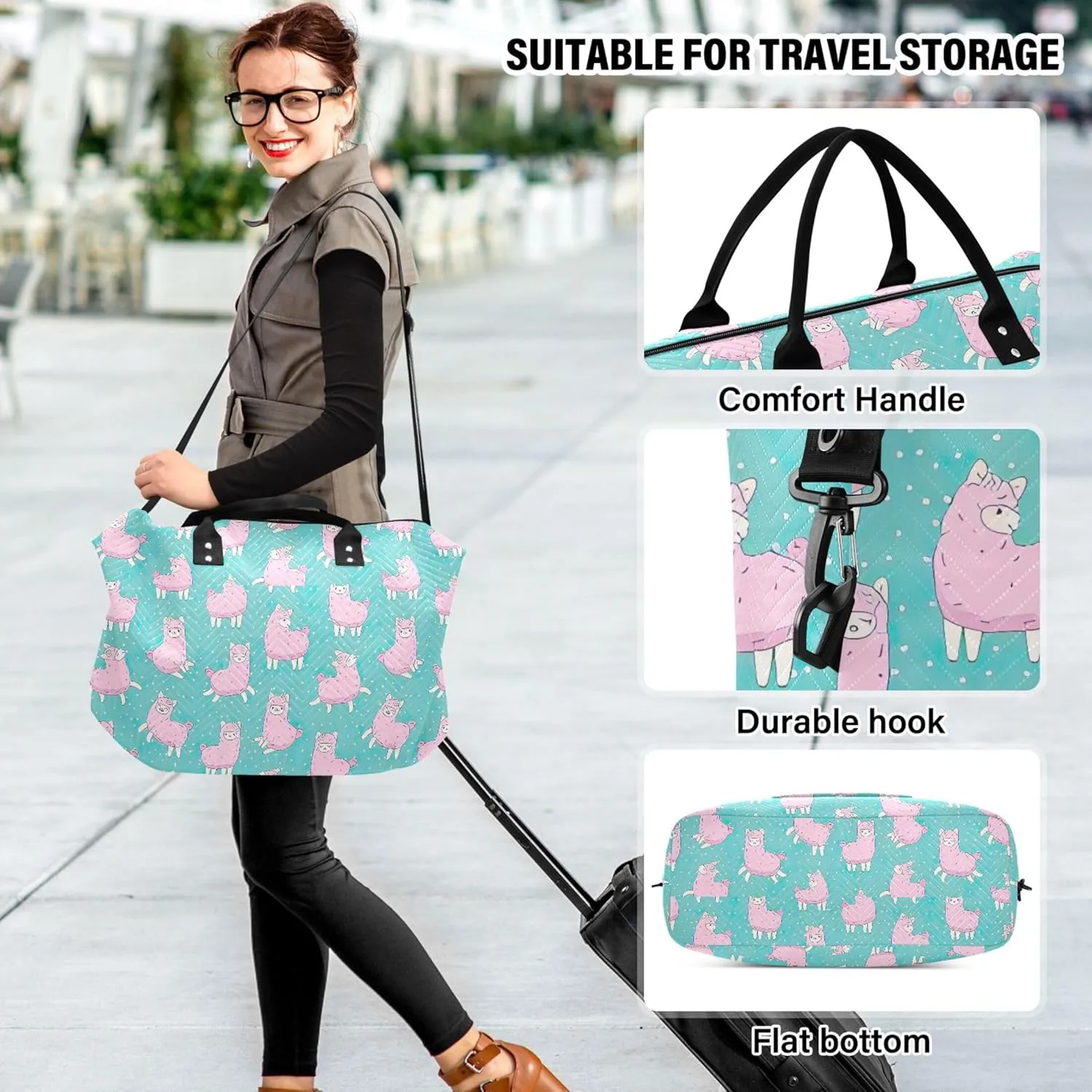 Cute Pink Fluffy Llama Alpaca Pink Travel Duffle Bags Cosmetic Bag Set, Print Sports Bag Weekend Bag Duffel