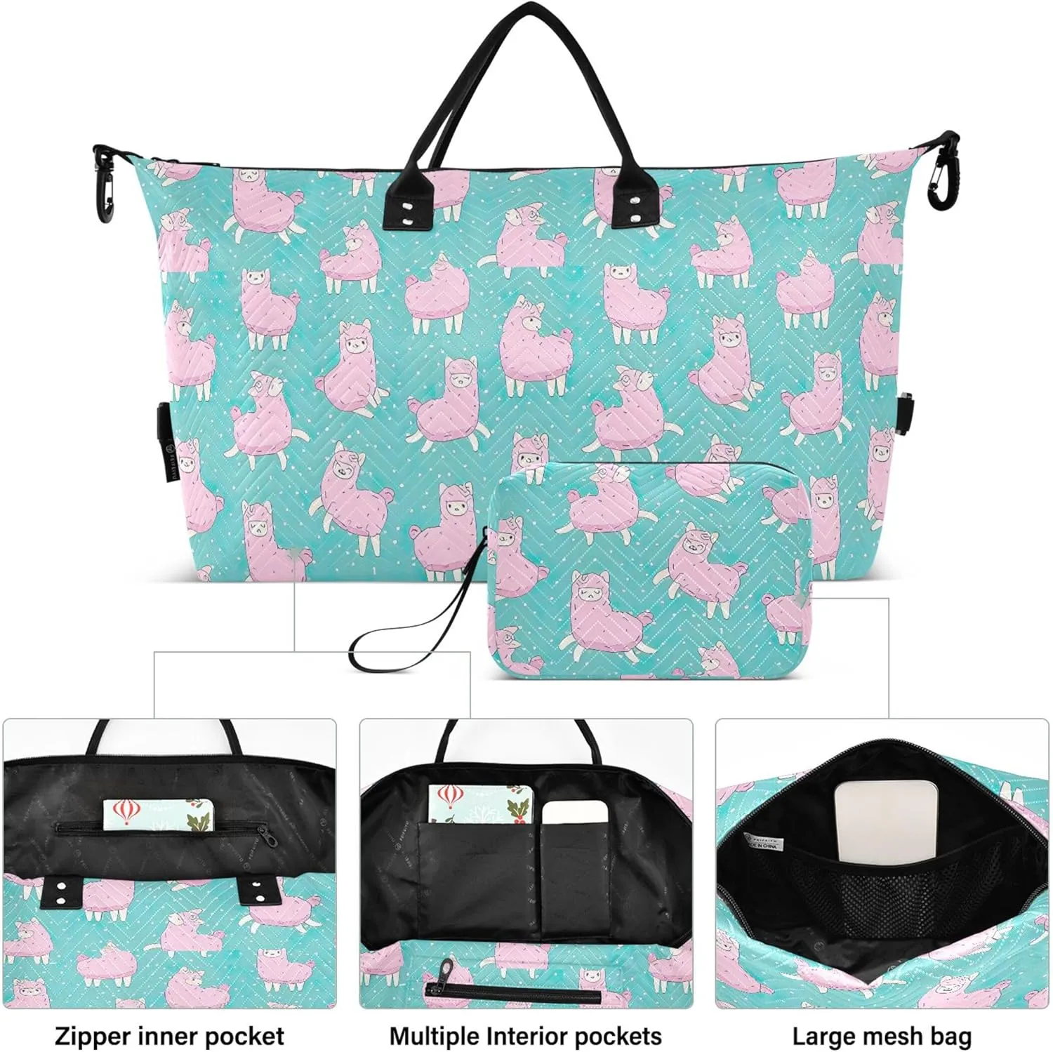 Cute Pink Fluffy Llama Alpaca Pink Travel Duffle Bags Cosmetic Bag Set, Print Sports Bag Weekend Bag Duffel