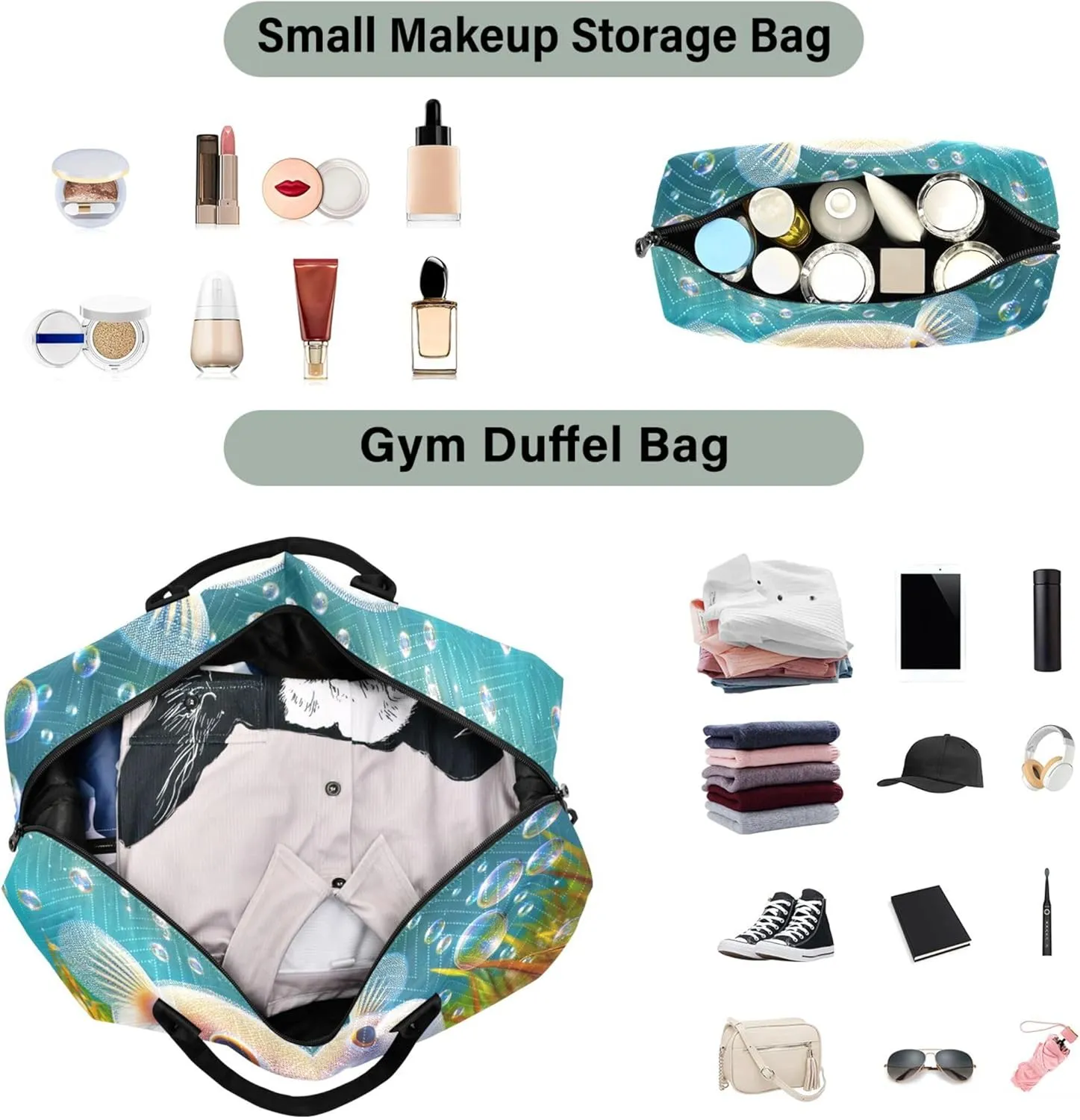 Cute Pufferfish Pig Ocean Travel Duffel Bags Cosmetic Bags Set of 2, Print Women Small Duffle Bag Carry on Bags