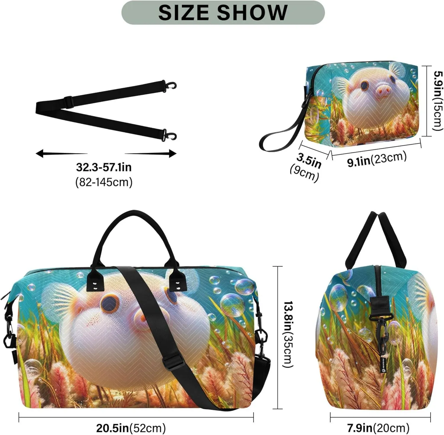 Cute Pufferfish Pig Ocean Travel Duffel Bags Cosmetic Bags Set of 2, Print Women Small Duffle Bag Carry on Bags
